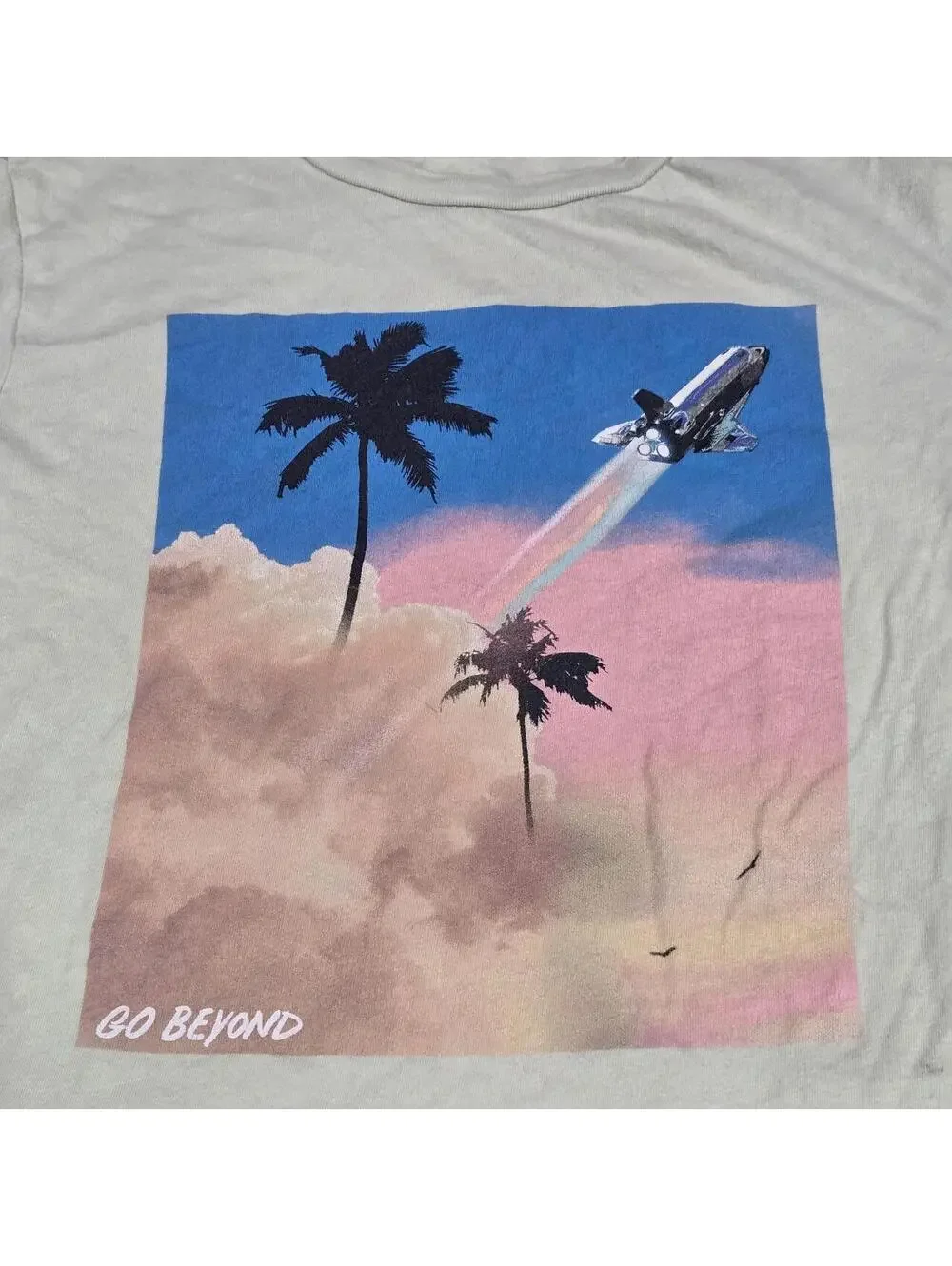 -Light green Old Navy graphic tee with palm trees and a rocket
